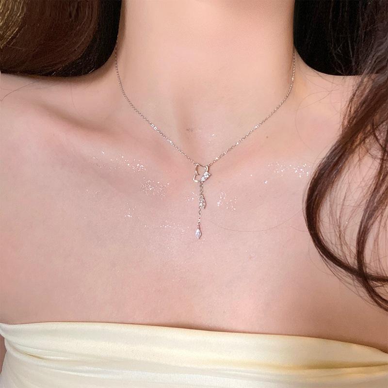 S925 Sterling Silver Butterfly Pendant Necklace for Women , Trendy Tassel Chain Summer 2024 Fashion Jewelry