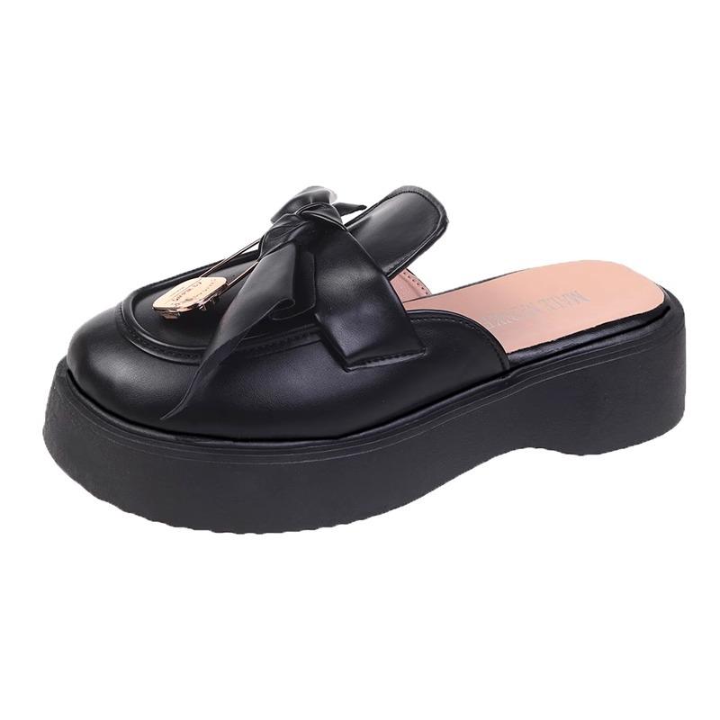 Thick-soled bag head half-drag girl 2025 spring and autumn new Internet celebrity single shoes Korean version bow retro medium heel cool slippers