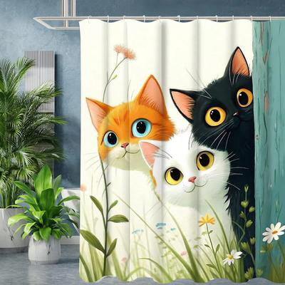 Cartoon Cat Pattern Bathing Curtain Bathroom Letters Shower Curtain Waterproof With 12 Hooks Fishes Home Deco