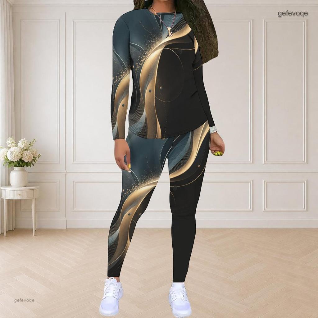 Women Plus Size Two Piece Set Round Neck Long Sleeve Printed Top And Fitted Pants Pink Purple Black