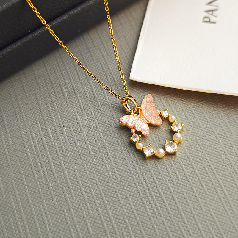 Collana con Ciondolo Circolare a Farfalla Colorata in Acciaio Inossidabile con Zirconi per Donna Gioielli Delicati Romantici Vendita all'Ingrosso