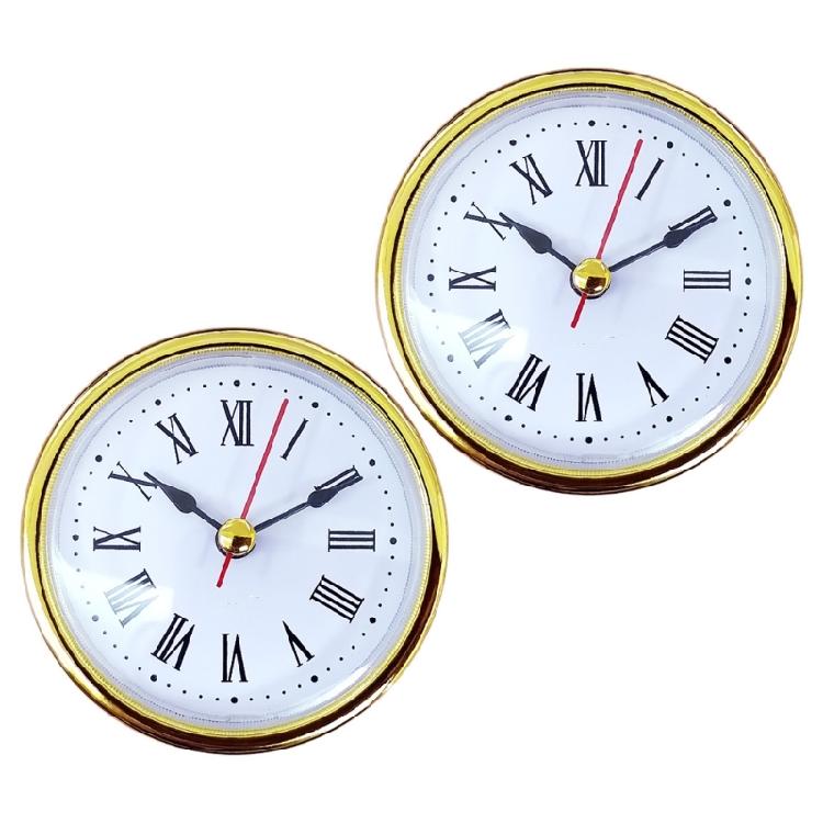 2Pcs Stylish 65MM Round Small Quartzs Clock Insert with Roman/Arabic Number and Gold Silver Trim for Home Decoration