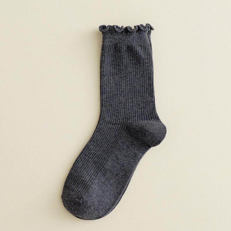 Women's Japanese Style Black Lace-Trimmed Mid-Calf Cotton Socks - Cute Slouchy Autumn/Winter Solid Color Trendy Long Socks.