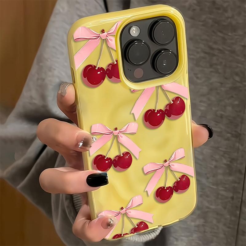 Розовый Чехол для Телефона с Вишней и Бантом в Эстетичном Стиле для iPhone 11 12 13 14 15 Pro 16 Plus 17 Pro Max 17 Air 16E Мягкий Ударопрочный Чехол с Волнистым Краем iPhone 13 Pro