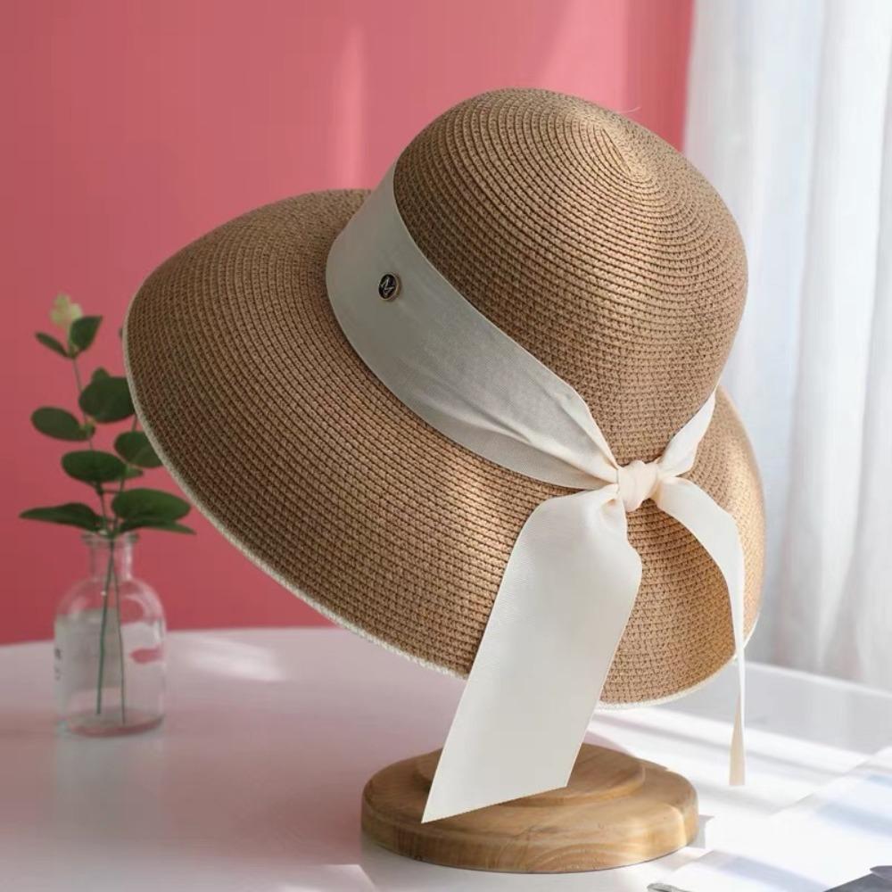 Bow Detail Wide Brim Hat Sun Protection Summer Sun Cap Elegant Beach Bucket Hat  Travel