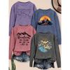 Elegant Women's Long-sleeve Top with Beautiful Scenery and Letter Combination Pattern Print, Round Neck, Suitable for Spring, Summer, Autumn, and
