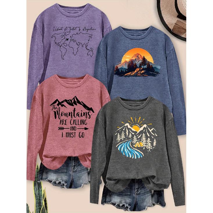 Elegant Women's Long-sleeve Top with Beautiful Scenery and Letter Combination Pattern Print, Round Neck, Suitable for Spring, Summer, Autumn, and