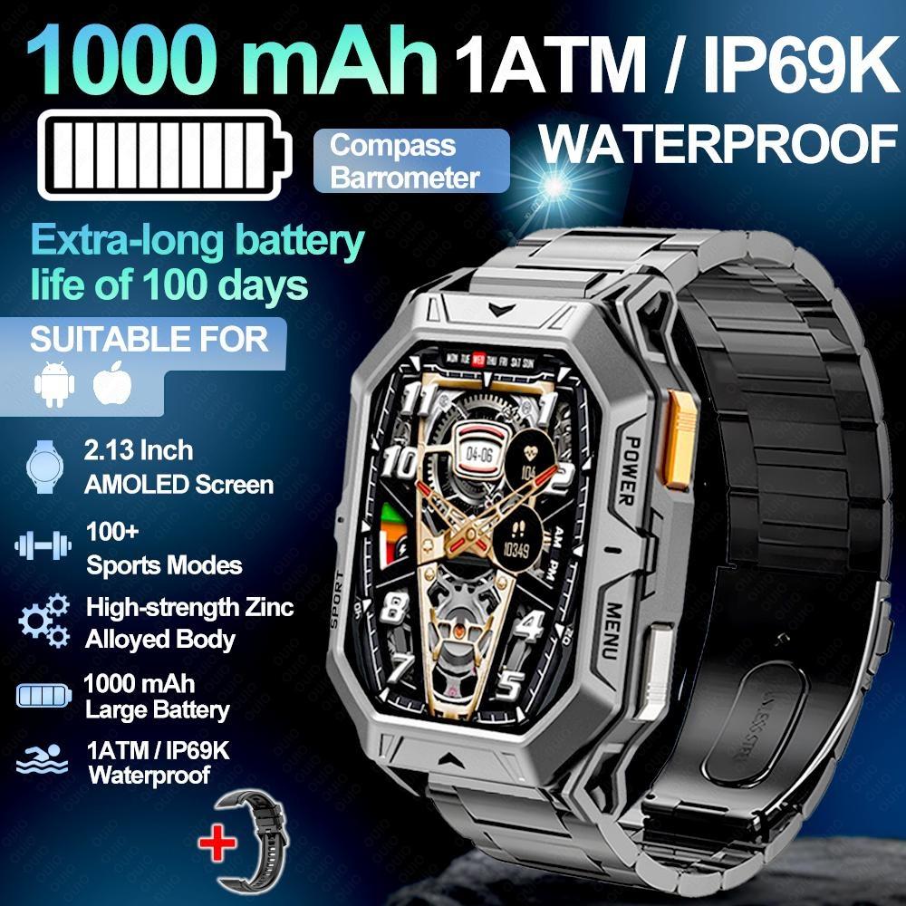 New 1000mAh Battery Smart Watch 2.13-Inch AMOLED Screen Men's Watch Compass 10ATM Waterproof Bluetooth Call Sports Smart Watch