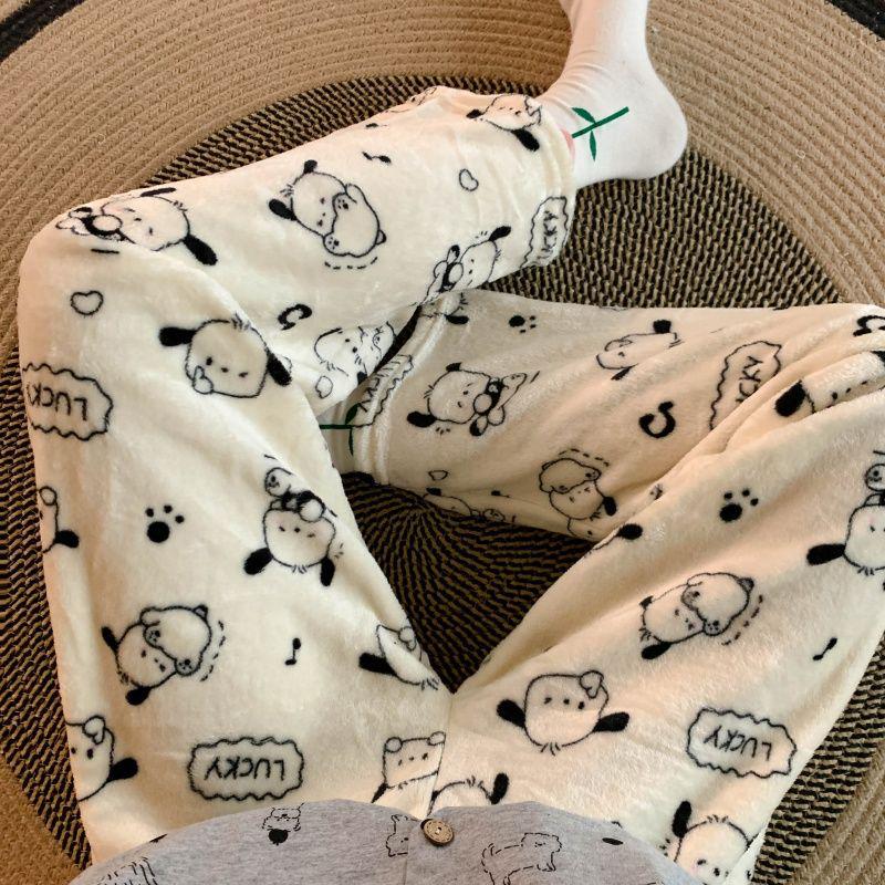 Korean Style Women's Cartoon Flannel Sleep Pants - Wearable Outdoors for Autumn and Winter 2025