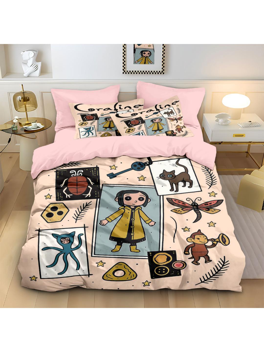 

3pc Grid Splicing Element Cartoon Girl Printed Coreless Duvet Cover Set, Multi Size Bedroom Dormitory Soft and Machine Washable 135x200cm-EU-Single&set