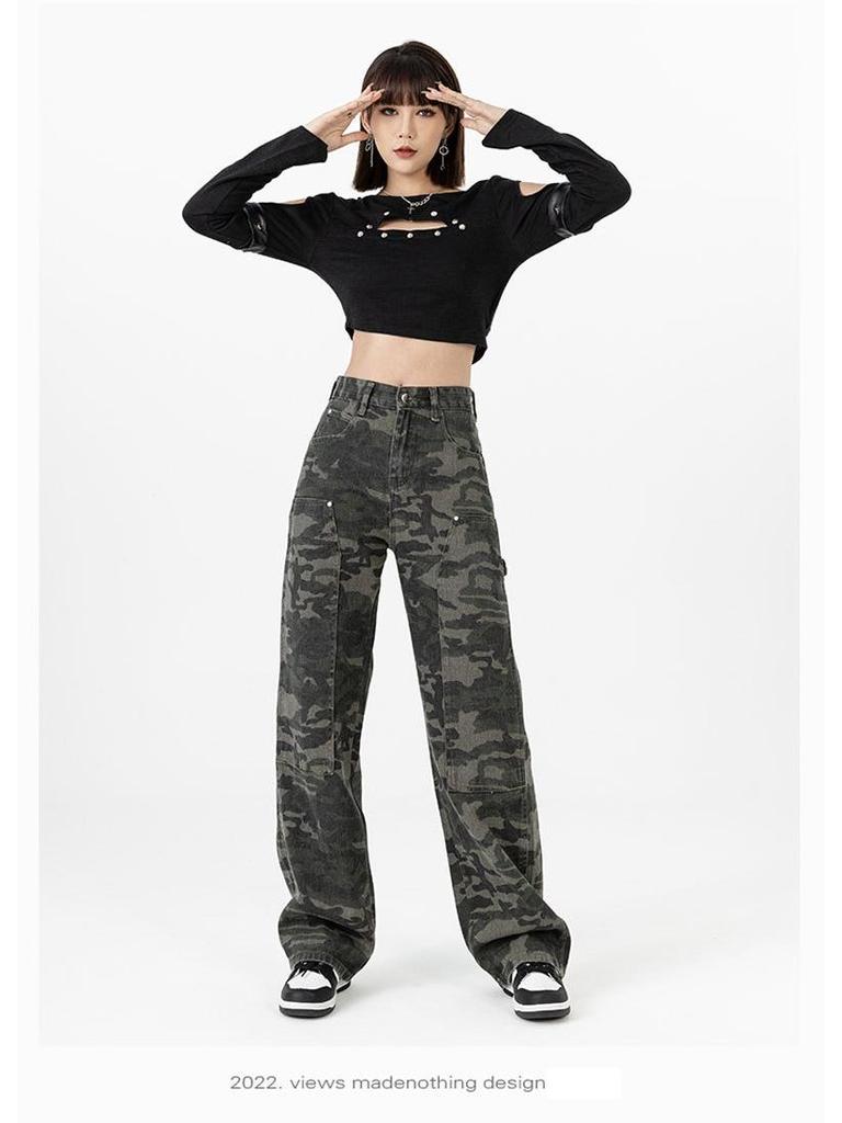Dámské maskáčové cargo džíny s vysokým pasem - Hip hopový styl, široké nohavice, volný střih, plus size, plná délka.