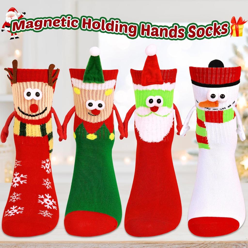 4 Pairs Funny Christmas Socks Magnetic Hand Holding Stocking Stuffers for Women Men Couples, White Elephant Exchange Gifts, Xmas Secret Santa Gag