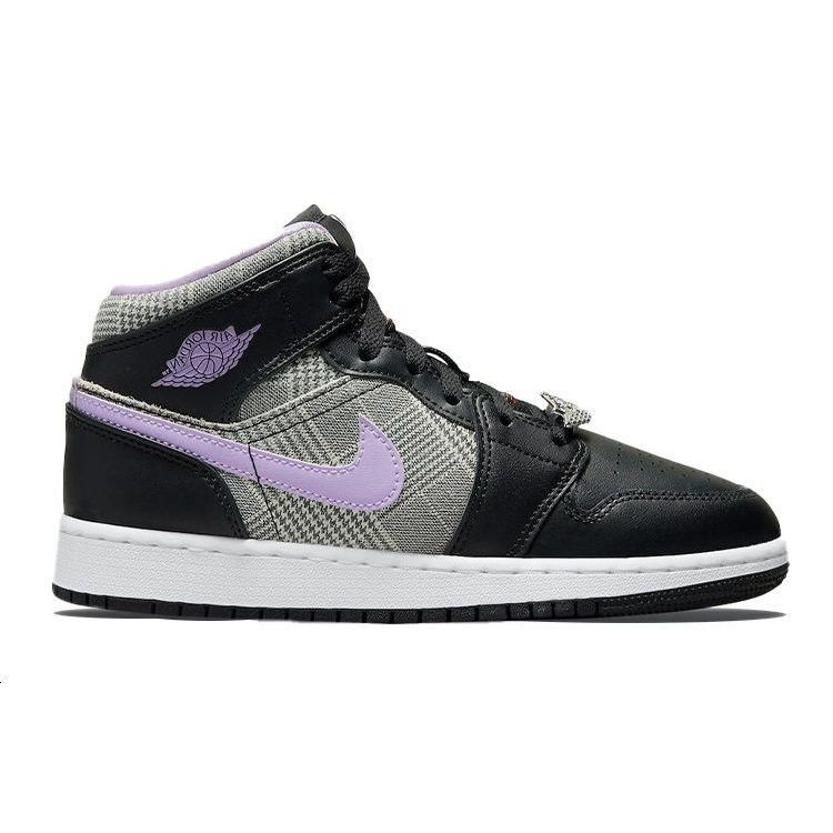 Air Jordan 1 Mid SE GS Houndstooth Kids Sneakers Black Lilac White DC7226-015