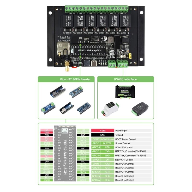 Industrial 6CH ESP32S3 WiFi Relays Module Onboards RS485 HAT Interfaces Supports WiFi Bluetooth-compatible