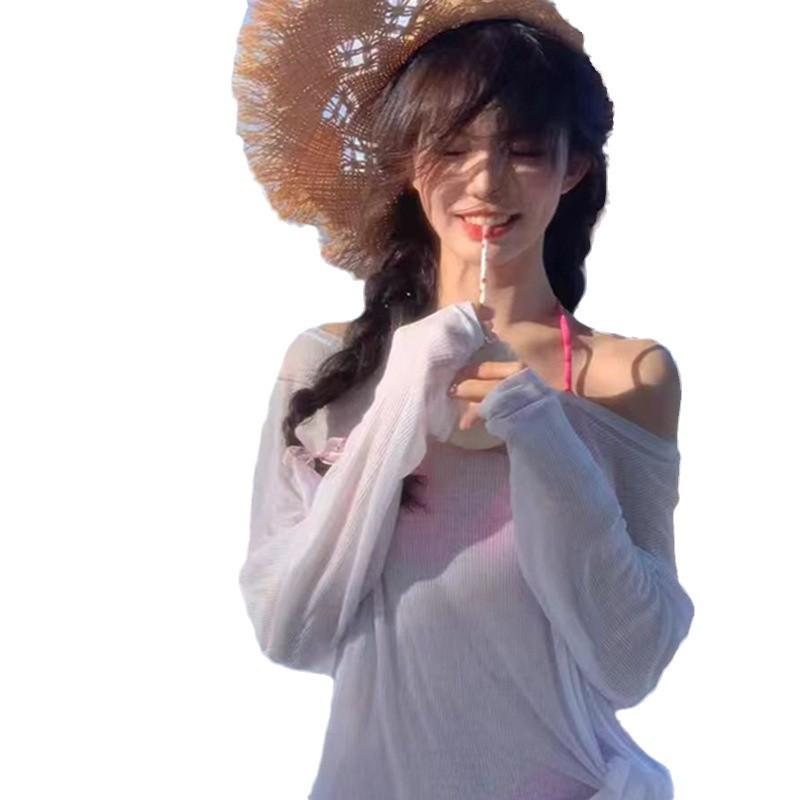 White Long Sleeve Beach Cover-Up Bikini Pullover, One Size, Sun Protection Shirt