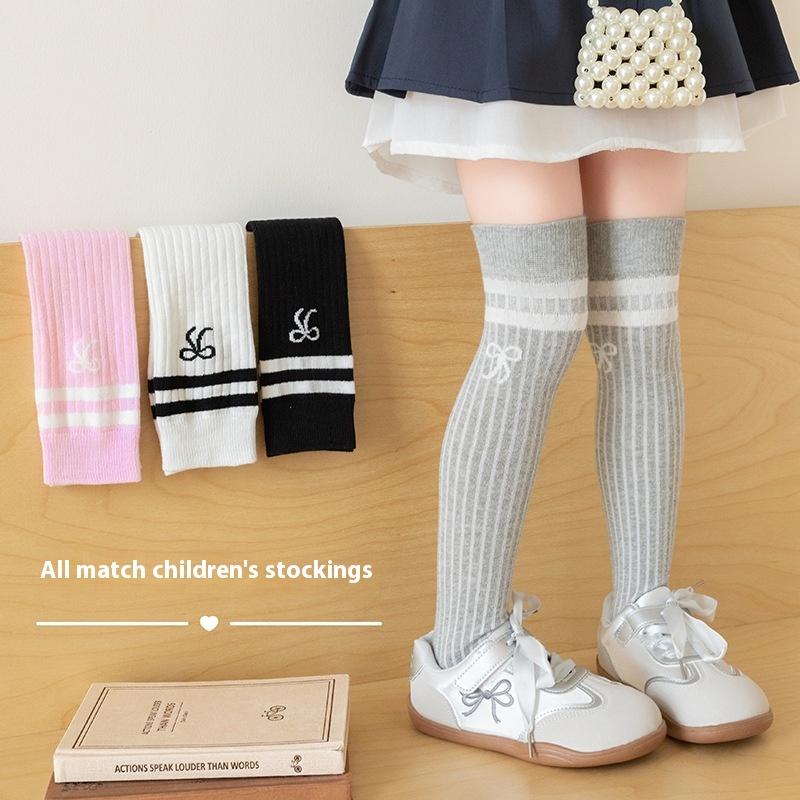 Children'S Long Socks Spring And Summer Girls' Bow Princess Skirt Paired With Knee High Sock Striped High Tube Cotton Socks