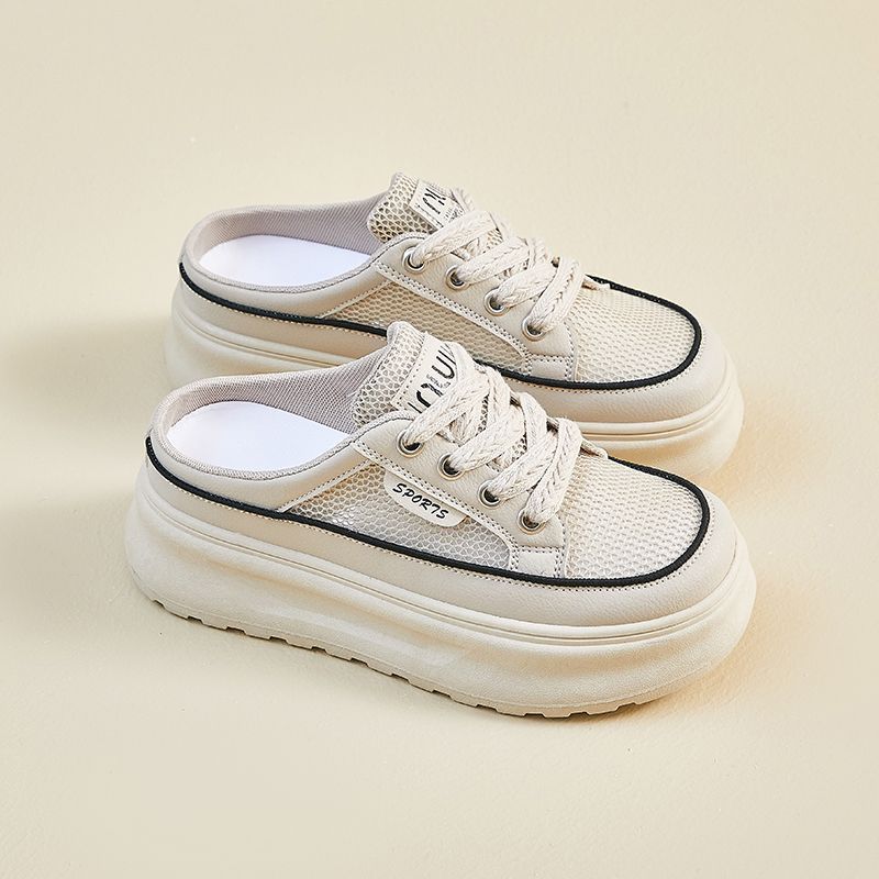 2025 Summer Half Tray White Shoes New Korean Version Ins Female Students Platform Mesh Casual Low-top Lace-up Slippers