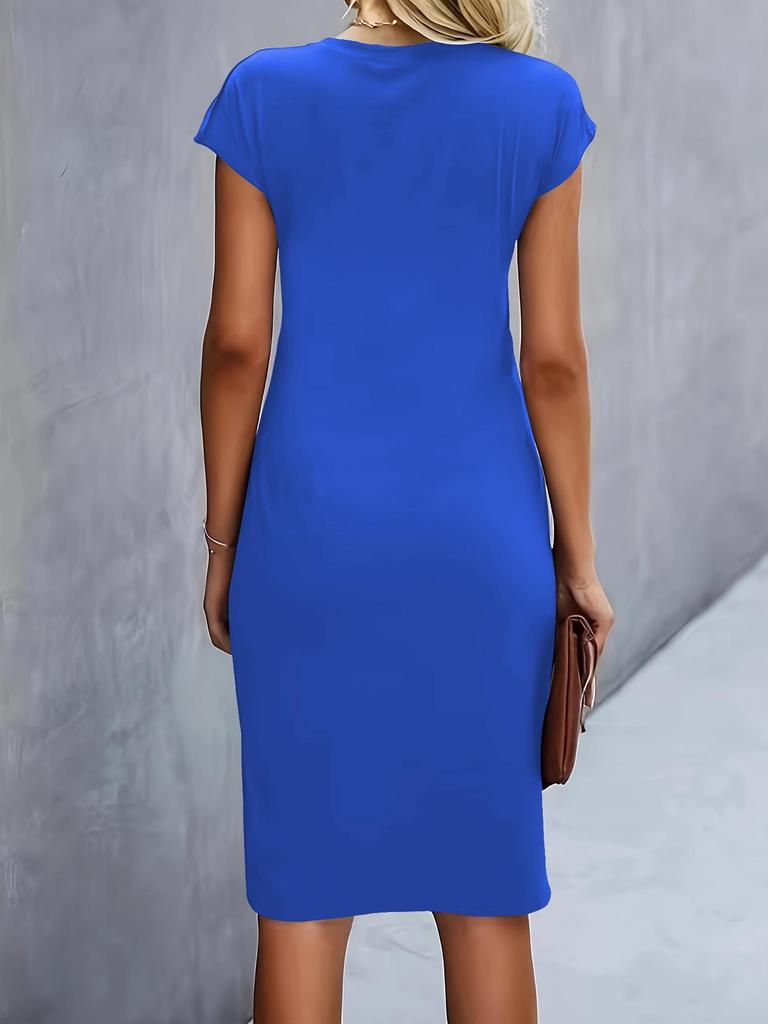 Women's Casual Bodycon Midi Dress with Front Knot and Round Neck
