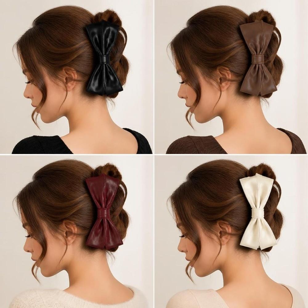 Soft Leather Bow Hair Clips Non-Slip Hair Accessories Elegant Ponytail Holder Women