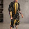 Men s Plus Size Green Black Printed Round Neck Short Sleeve Top And Drawstring Shorts Set