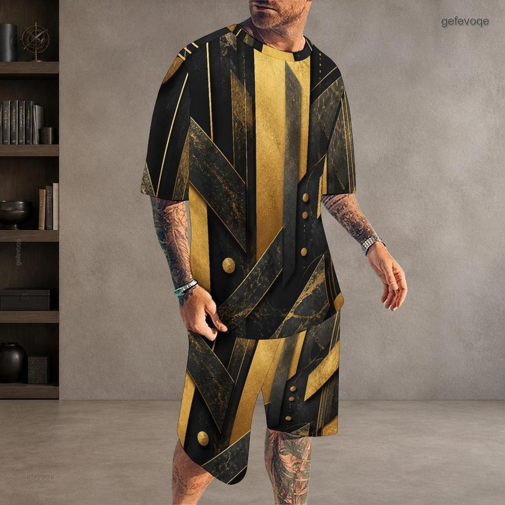 Men s Plus Size Green Black Printed Round Neck Short Sleeve Top And Drawstring Shorts Set