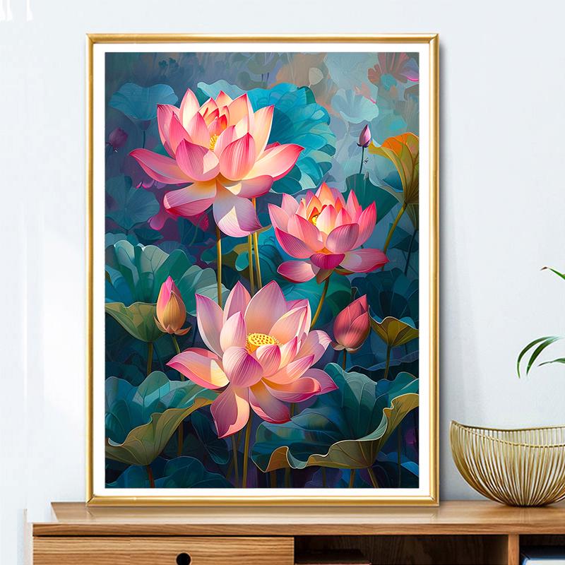 5d DIY Diamond Painting Cross Stitch Pink Lotus Flowers Diamond Embroidery Mosaic Full Round Drill Home Decor
