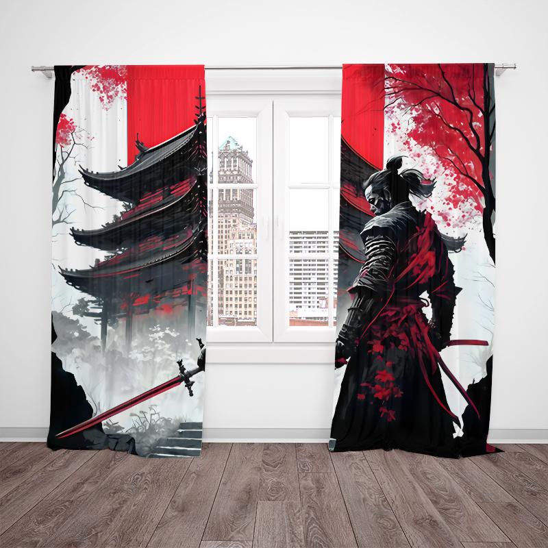 2 Curtains In Samurai Print - Polyester - Suitable for Bedroom, Living Room, Study, Private Space + Magnetic Binding