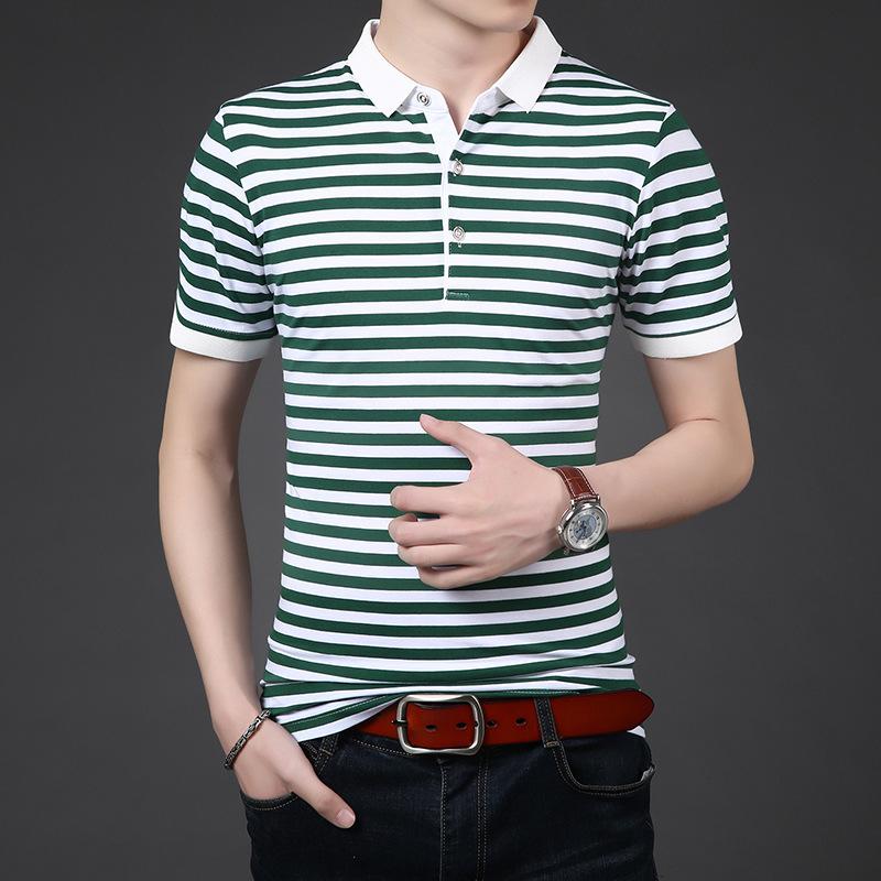 

Новая летняя мужская футболка с воротником-поло в полоску и короткими рукавами, высококачественная облегающая мужская футболка на пуговицах в корейском стиле, хлопковая XXXL