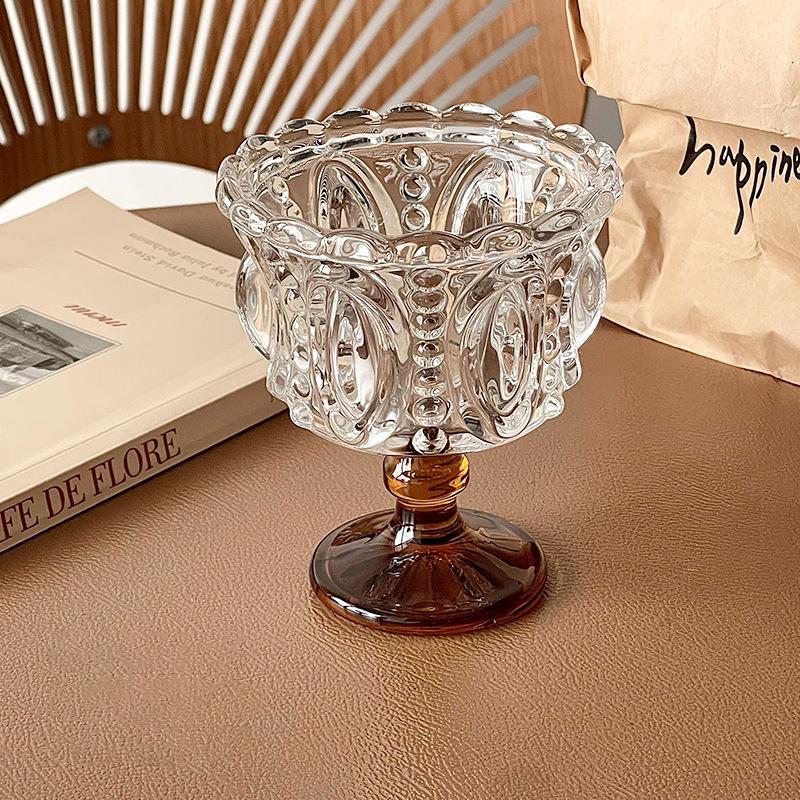 European Style Retro Embossed Tall Glass Ice Cream Cup Whiskey Mugs Pudding Yogurt Dessert Goblet Antique Style Coffee Cup