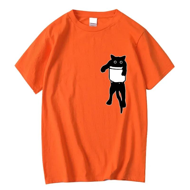 Summer Mens High Quality Tshirt 100 Cotton Funny Pocket Cat Print Men Loose Cool Oneck T Shirt for Men Short Sleeve Male Tee