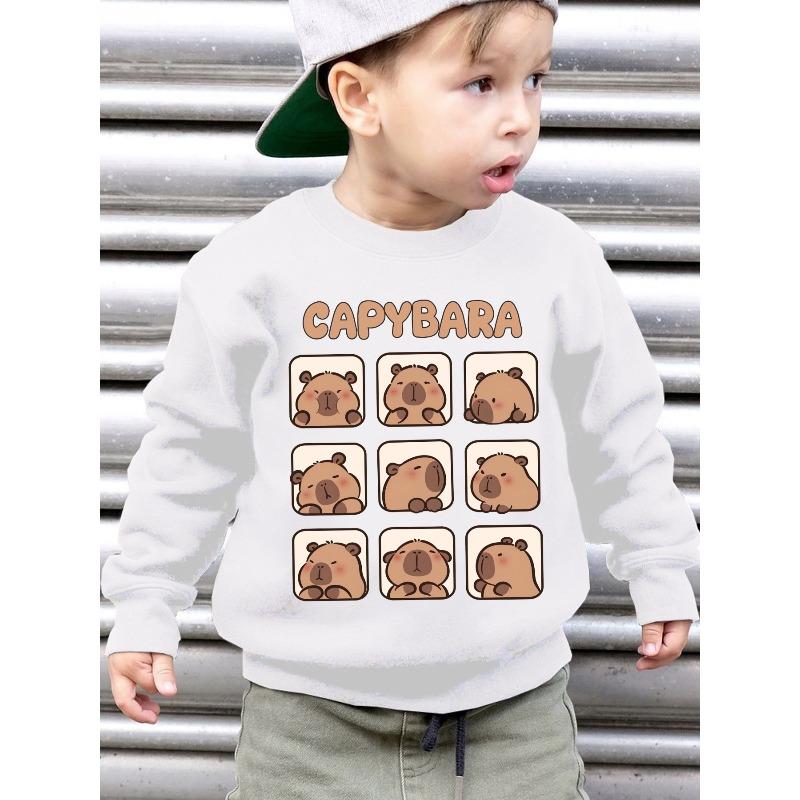 European Sizes Kids' Autumn/Winter Fashion -Lined Sweatshirt, Cute Capybara Plaid Grid Cartoon Print, Loose Fit Casual Long-Sleeve Pullover