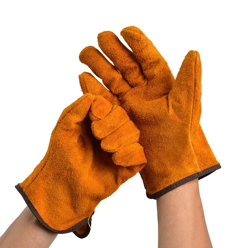 Labor Protection Gloves Cow Split Leather Welding Gloves Wear Resistant Anti Scalding Outdoor Camping Heat Resistant Gloves