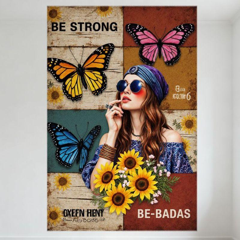 

Bohemian Style Wooden Background Metal Tin Sign with BE STRONG, Butterflies, Sunflowers, and Fashionable Woman Decor for Home, C 20x30cm（7.8x11.8inch）