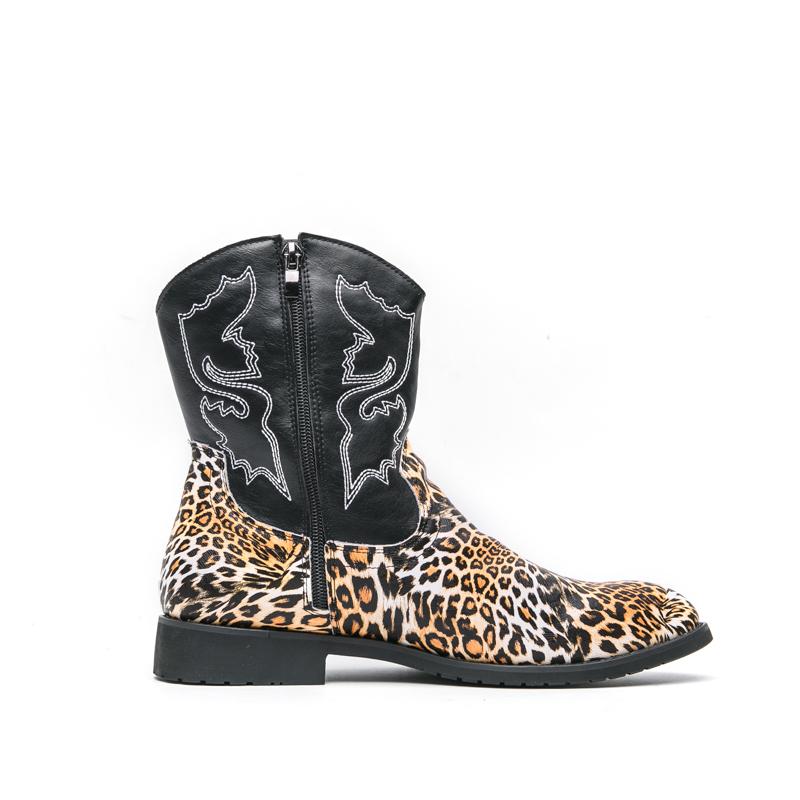 Men’s Western Boots Pointed Toe Leopard Print Casual Retro Dress Zipper Leather Men’s High Boots for Men Plus Size