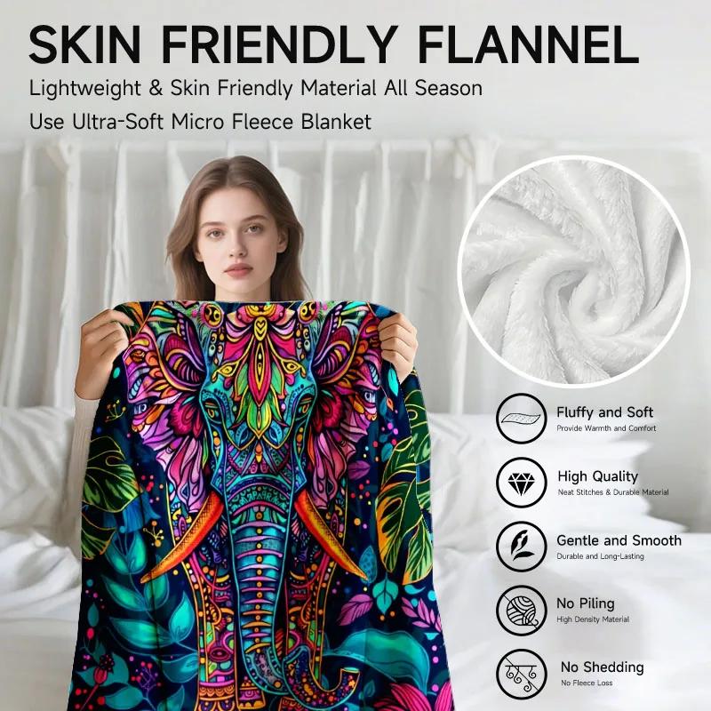 1 Stück bunte Elefantenmuster Flanelldecke, weich, geeignet für Sofa, Bett, Büro, Ganzjahresgebrauch.