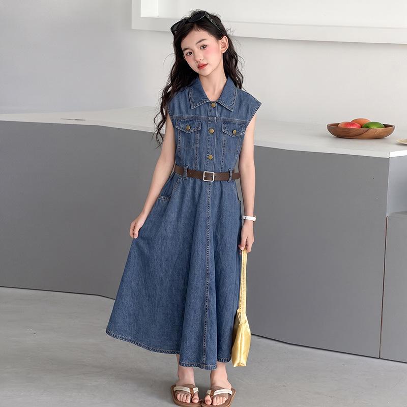 Summer 2026 Girls' Denim Tencel Dress: Lightweight, Sleeveless, Long Shirt Dress for School-Style Wear for Older Kids.