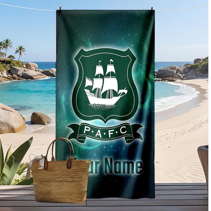 Plymouth Argyle FC Gepersonaliseerde Bedrukte Strandlaken Voetbal Logo Steun Aangepaste Naam Tekst Absorberende Handdoek Voor Sport Reizen Speciaal Cadeau