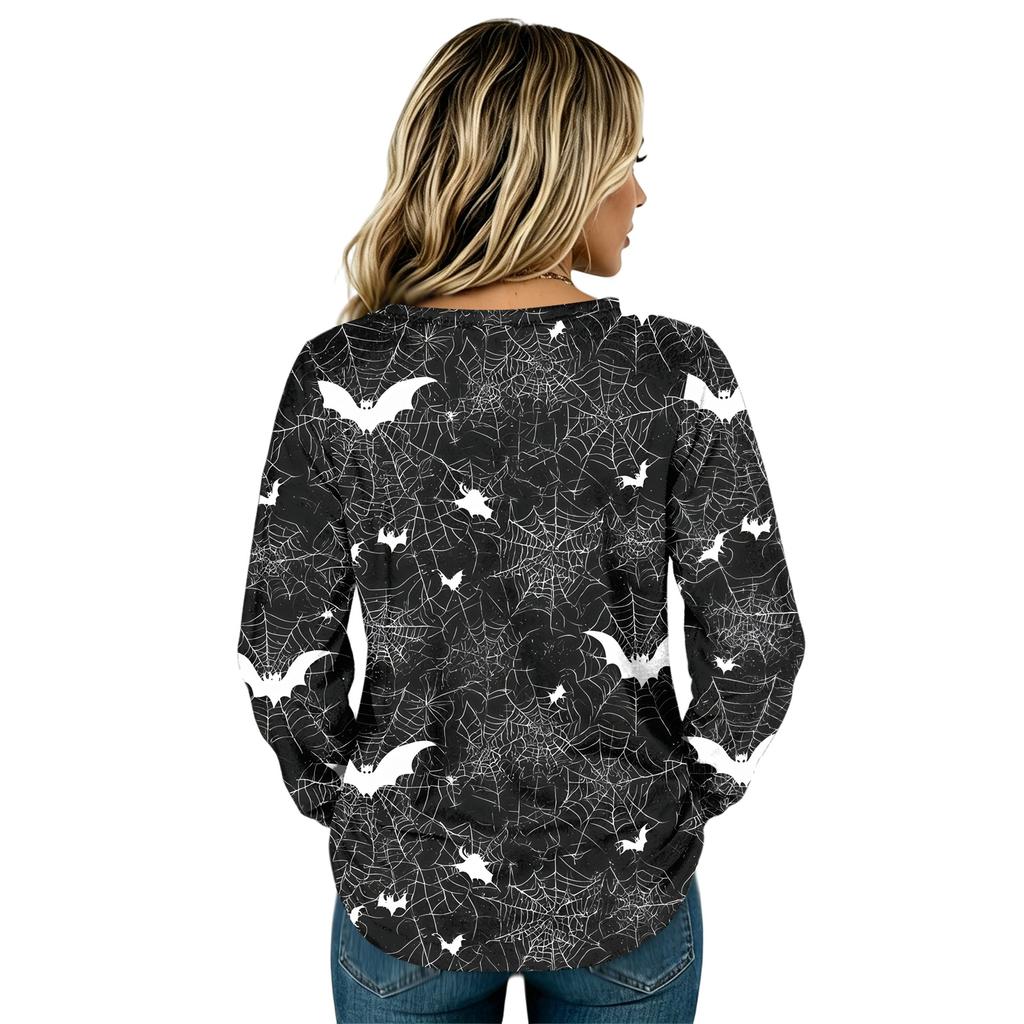 Women's Flannel Long Sleeve Top with Halloween Print Neck Pullover Shirt