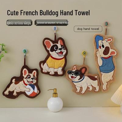 Adorable French Bulldog Wall-Mounted Coral Fleece Hand Towel for Kitchen & Bathroom
