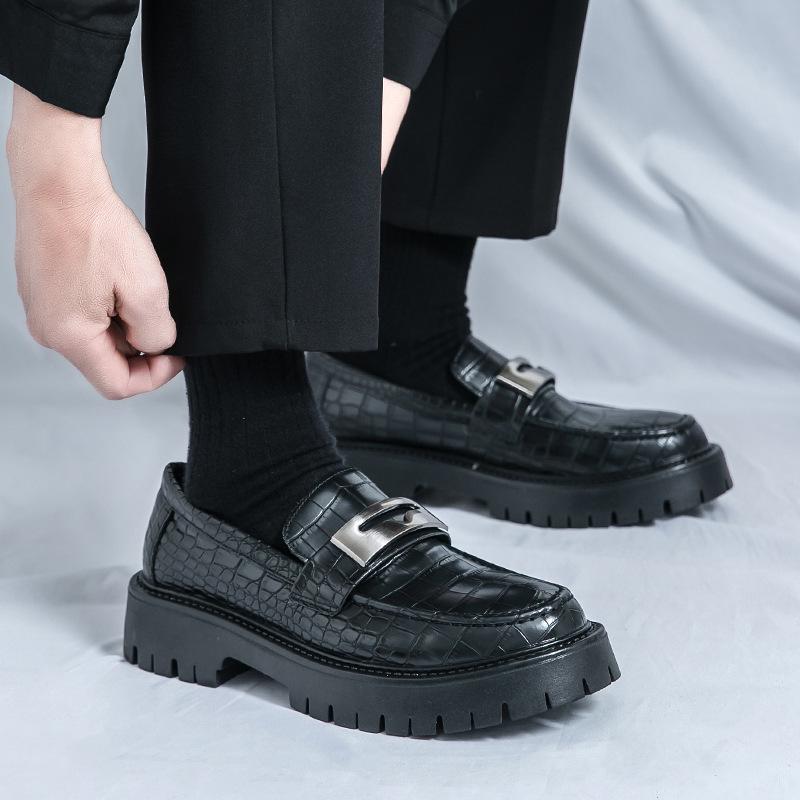 Men's Glossy Leather Thick-Soled Loafers - British Style Slip-On, Large Size, for Spring & Autumn