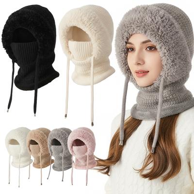 Women Fleece Lined Knit Hat Set Winter Warm Knitted Hat 3 In 1 Hooded One Piece Snow Cap W/Scarf & Mask for Cold Weather Protect
