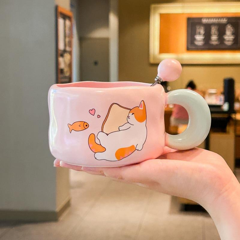 Girly heart cute cat ceramic mug couple breakfast milk cup office gift coffee cup birthday gift