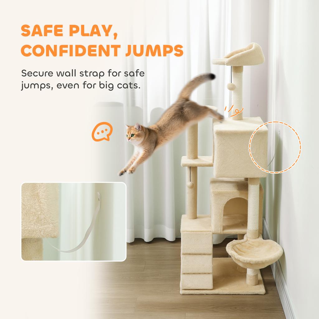 140cm Large Cat Tree Tower With Sisal Scratching Posts Condos Plush Perches Hammock Ladder Beige