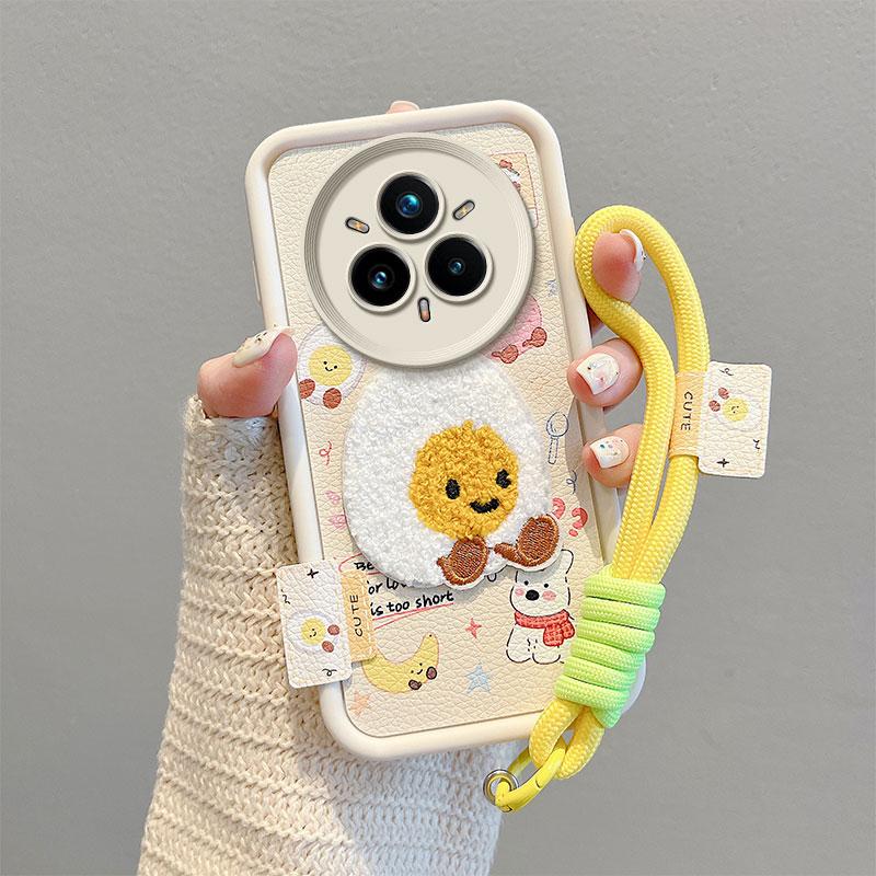 KEYSION Cartoon Cute Plush Embroidery Case for Realme 14 Pro+ 5G with Lanyard Shockproof Phone Cover for OPPO Realme 14 Pro 5G