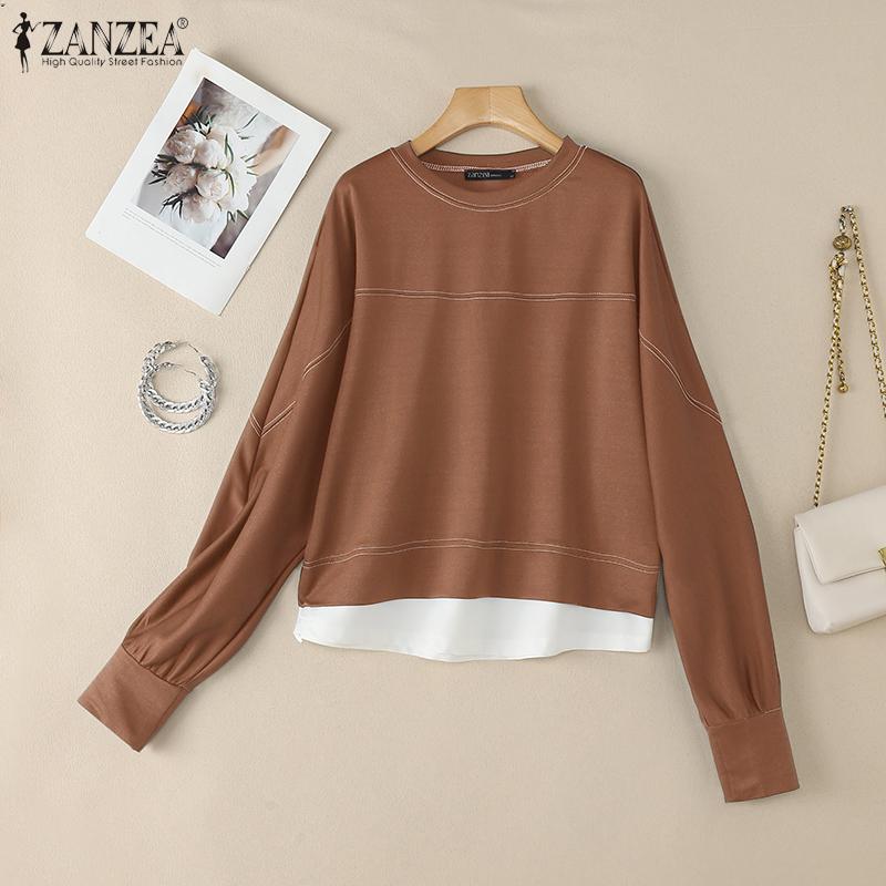 ZANZEA Damen Lässig Rundhals Locker Langarm Pullover Tops