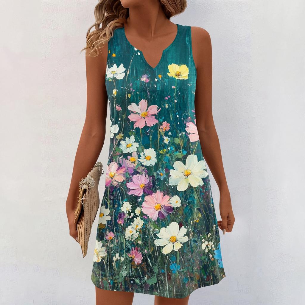 Women Summer Dresses V-Neck Print Sleeveless Sundress Casual Dress