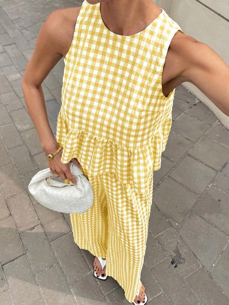 2026 Europe Casual Round Neck Sleeveless Ruffle Hem Top & High Waist Straight Long Pants