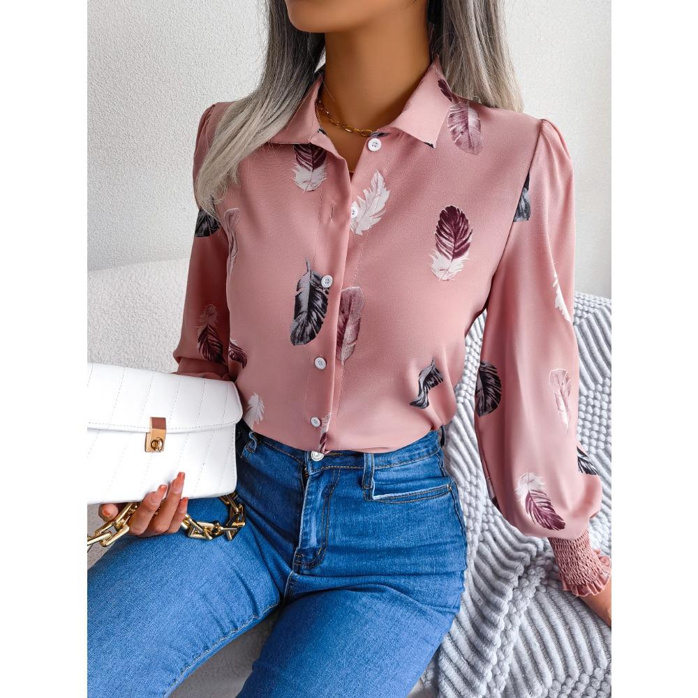 Women Casual Feather Print Turn Down Collar Long Sleeve Shirt White Pink Blue for Autumn Woman Clothing