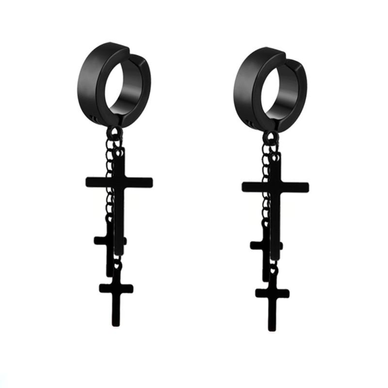 WKOUD 2PCS Stainless Steel No Piercing Cross For Men Kpop Clip On Cross Earring Gothic Punk Fake Ear Cuff Cross Earring Dangle