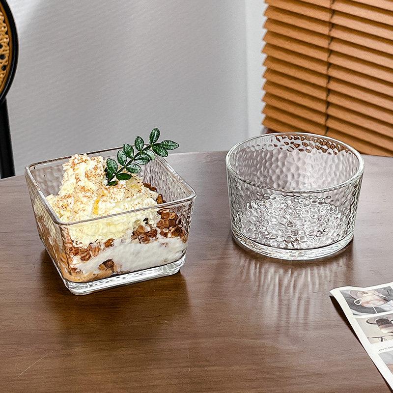 Nordic Clear Glass Dessert Bowl Hammer Pattern Bird's Nest Design Yogurt Pudding Cup Ice Cream Breakfast Bowl For Home